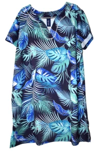 Swimsuits for All Swim Tee Split Neck Tunic Top 20 Blue White Green Palm Frond - Picture 1 of 10