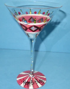 Bicchiere Martini Trasparente Buon Compleanno Dipinto A Mano Rosa e Bianco 7,75" Alto x 4,75" - Foto 1 di 9