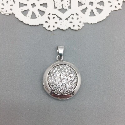 Sterling Silver Keepsake Locket Pendant Pave CZ Front 7/8" Round 9.2 grams - Image 1 of 4