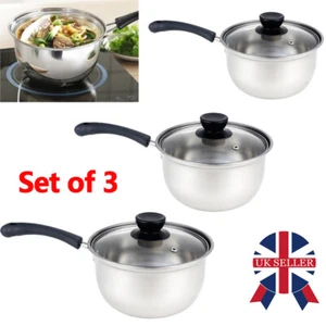 Set of 3 Stainless-Steel Deep Induction Non Stick Saucepans Cookware Pan Set lid - Picture 1 of 10