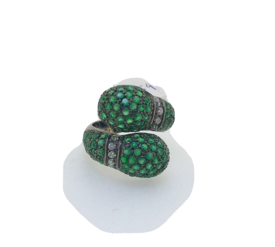 Size 6 Sterling Silver You and Me Ring w/ Pave in Green Quartz Natural Stones - Image 1 of 4