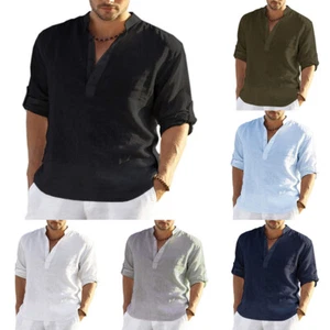 ❀Chemisier Pour Hommes En Lin À Manches Longues Chemise Unie Ample Et F