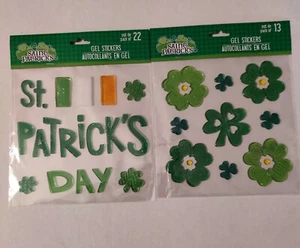 St Patrick's Day Window Gel Clings Set Of 2 Irish Flag Shamrocks Glittery New - Picture 1 of 3