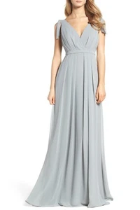 Monique Lhuillier Plus Sz 18 Chiffon Bridesmaid Dress Flutter Sleeve Light Blue - Picture 1 of 12