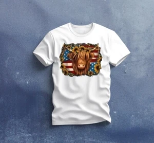 Highland Cow With American Flag And Sunflowers Unisex T-shirt Size Medium - Picture 1 of 2