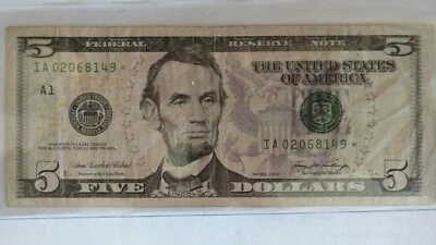2006 FEDERAL RESERVE **STAR** NOTE FIVE DOLLAR BILL...$5.00.. CIRCULATED. - Image 1 of 2