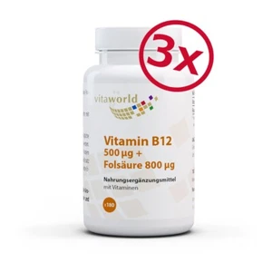 Pack of 3 Vita World Vitamin B12 500µg + Folic Acid 800µg 3 x 180 Tablets Vegan - Picture 1 of 2