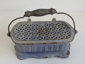 Antiker Fußwärmer (Speisenwärmer) französische Emaille blau mit Holzgriff - Bild 1 von 15