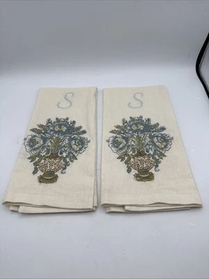 Pottery Barn Set of 2 Embroidered Floral Linen Hand Towel “S” - Image 1 of 4