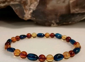 7" NATURAL POLISHED GENUINE CARIBBEAN BLUE & BALTIC AMBER STRETCH BRACELET - Picture 1 of 7