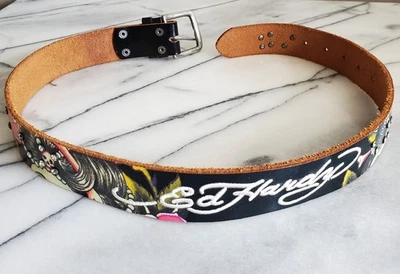 Cinturón de cuero negro ED HARDY de Christian Audigier para niños grandes piedras de geisha USADO Foto 1 de 4