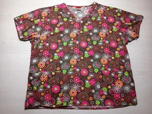 Dickies Scrub Top Womens XL Brown Floral Print Nursing Medical Pockets Shirt - Picture 1 of 14