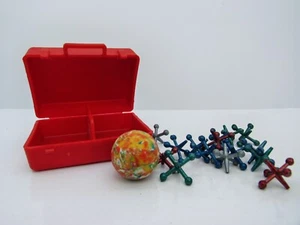 Vintage Ball & Jacks Set with Red Plastic Case - 15 Metal Jacks & Marbled Ball - Picture 1 of 7