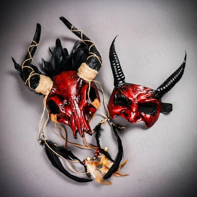 Red Antelope Skull OX Horns w/ Devil Eye Mask | Halloween Couple Party Face Mask - Image 1 of 3