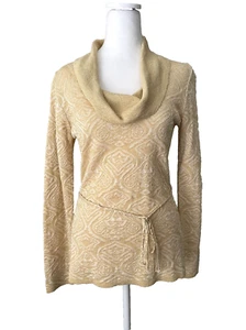 Vintage Y2K Gold Metallic Knit Top S Jacquard Cowl Neck Tie Belt 70s 90s Elegant - Picture 1 of 15