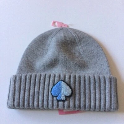 KATE SPADE ВЯЗАНАЯ ШЕРСТЬ СМЕСЬ BEANIE С СИНЕЛЬ НАШИВКА ВЕРЕСКОВЫЙ СЕРЫЙ НОВЫЙ С ЯРЛЫКАМИ - Изображение 1 из 4