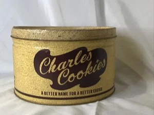 VINTAGE CHARLES COOKIES TIN CAN ADVERTISING PRIMITIVE DECOR MUSSERS POTATO CHIPS - Picture 1 of 8