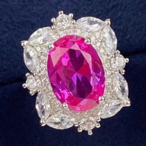 6.36Ct Oval Cut Natural Sapphire & Diamond Engagement Ring 18K White Gold Plated - Picture 1 of 16