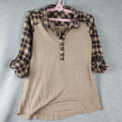 Kori Woman Top S Brown Beige Plaid Popover Roll Up Tab Sleeve Stretch Preppy - Image 1 of 4