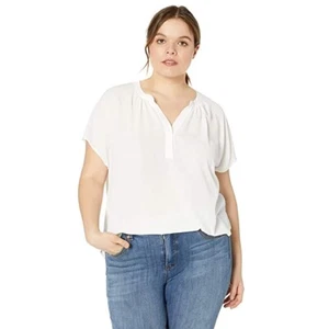 Lysse Millet Blouse Plus Size 1X Womens White Sheer Mixed Media Shirt Notched V - Picture 1 of 7