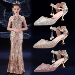 Kids Girls Princess Crystal Party 5.5CM High Heels Birthday Wedding Bridesmaids - Picture 1 of 40