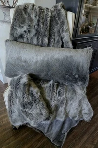 RH Restoration Hardware Faux Fur Throw Blanket & Pillow Gray Luxurious 82x65"  - Picture 1 of 7
