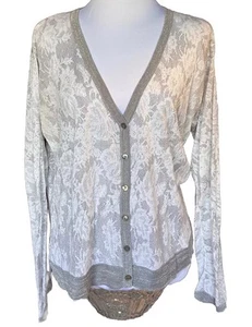 CHICOS Silver White Rose Print Sparkle Button Up Cardigan Women’s Sz Medium 8/10 - Picture 1 of 11