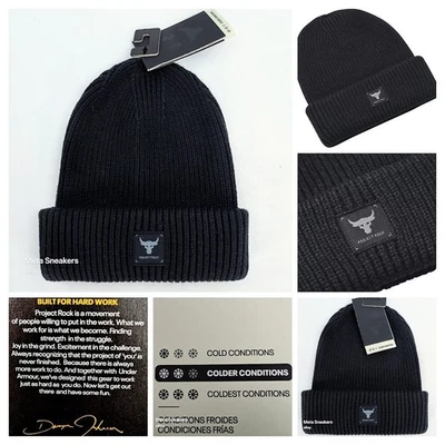 Under Armour Project Rock Knit Cuff Beanie Black/Grey Bull Warm Comfort UA - New - Image 1 of 4