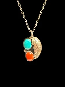 Vintage Sterling Silver Turquoise and Red Coral Pendant with Sterling Chain 18" - Picture 1 of 7