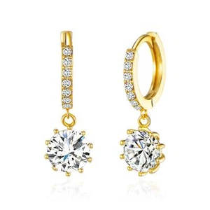 Gold Plated Solitaire Drop Hoop Earrings Created with Zircondia® Crystals - Picture 1 of 6