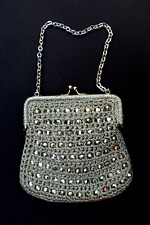 Silver lurex crochet and diamante bead evening bag with chain handle