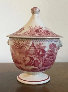 Red Purple Transferware 19th c. Staffordshire Pearlware Sugar Urn Sucrier Bowl - Imagen 1 de 11