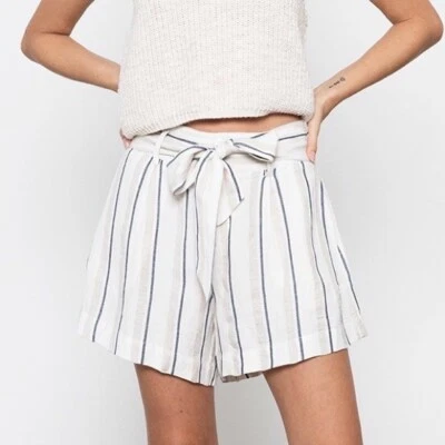 Rails Katy Linen Tie Waist Tailored Shorts Coco Striped XS Cream Taupe Navy - Image 1 of 4