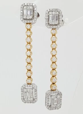 Round & Baguette Diamond Drop Dangle Earrings 1.65 ct 18K Gold Retail $4,995 - Image 1 of 4