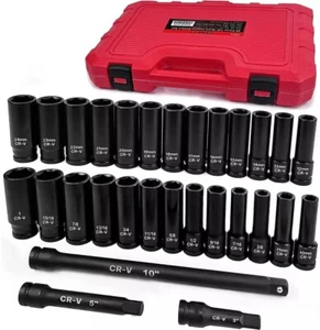 1/2" Drive 29Pc Impact Socket Set, SAE/Metric, 6-Point, Cr-V Steel, w/ Extension - Picture 1 of 6