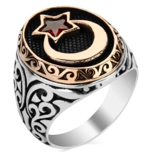 Solid 925 Sterling Silver Red Stone Crescent Moon Star Men's Ring - Picture 1 of 5