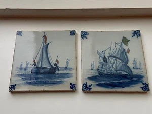 FREE SHIPMENT Antique polychrome 2 TILE MAKKUM Tichelaar Delft Holland ship - Zdjęcie 1 z 6