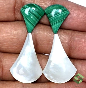 43.29 Cts Natural Mother Of Pearl And Malachite Fancy Shape Pair Loose Gemstones - Picture 1 of 5