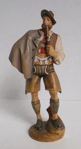 Vintage L. Moroder Wood Hand CarvingTyrolean Man Smoking Pipe 1968, Rare 7" Tall - Picture 1 of 14