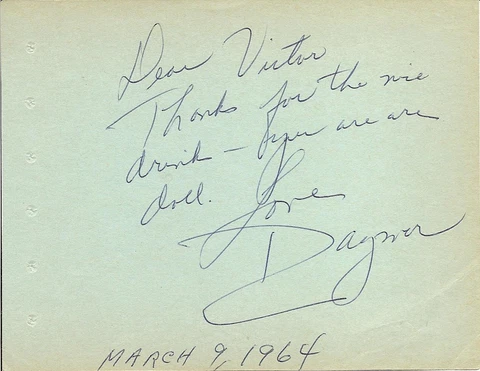 Dagmar, American Actress/Model 5" x 4" Signed Paper with COA Cover