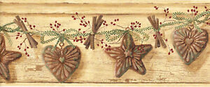 Country Primitive Cookie Cutter Star Heart Berry Crackle Brown Wall paper Border