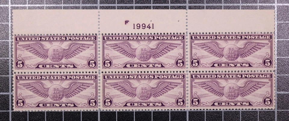 Scott C12 - 5 Cents Winged Globe OG MH Plate Block Of 6 # F 19941  SCV $130.00 - Image 1 of 2