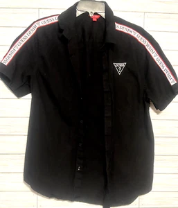 Guess Shirt Mens Medium Jet Black Hyatt Taped Woven Slim Fit Logo Spell Out - Picture 1 of 8