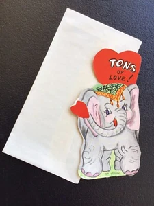 Vintage VALENTINE CARD & ENVELOPE Gray Elephant Holding Red Heart NOS UNUSED - Picture 1 of 5