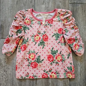 Matilda Jane Top Girls 4 Pink Rose Polka Dot Ruched Sleeve Boutique Charmingcore - Picture 1 of 6