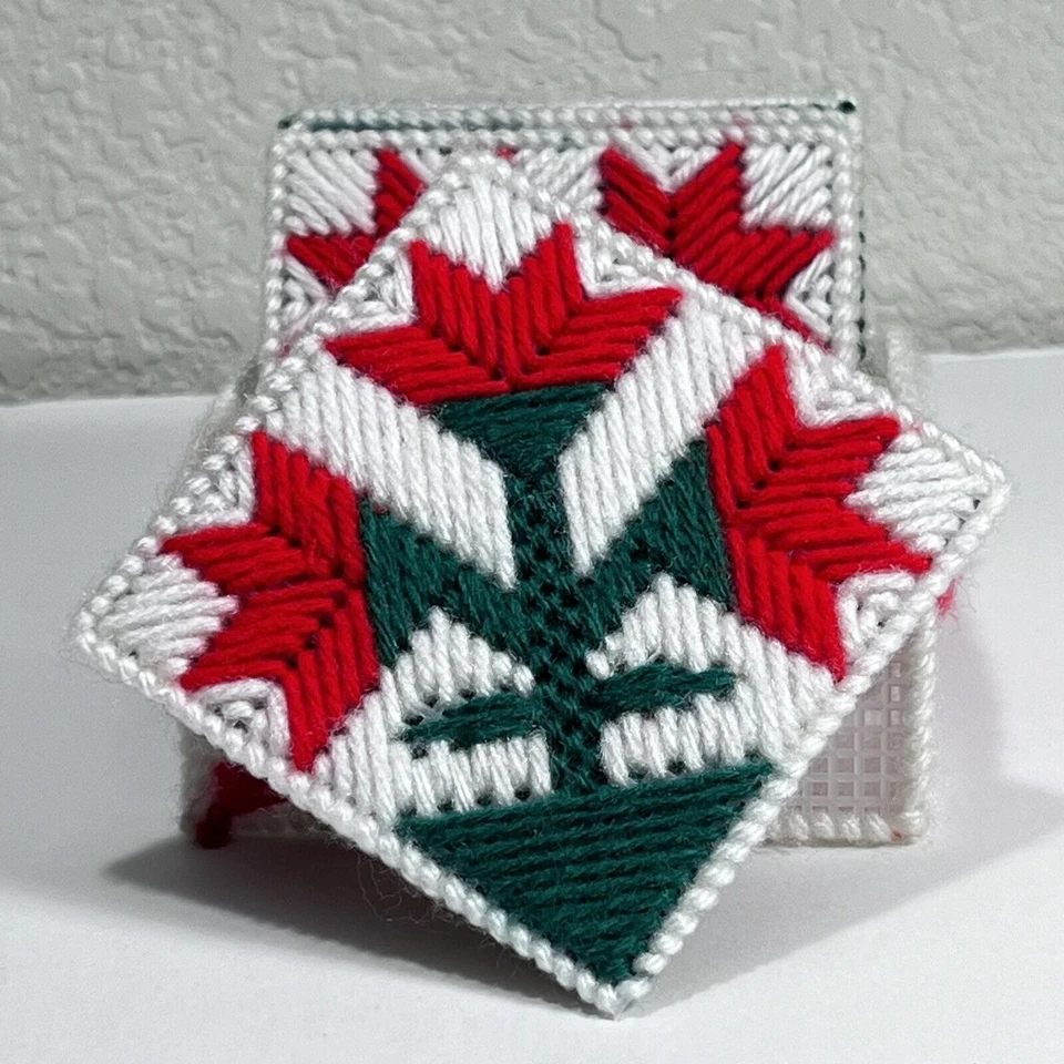Vintage Set of 5 Handmade Plastic Canvas Needlepoint Christmas Coasters w/Basket - Image 1 of 4