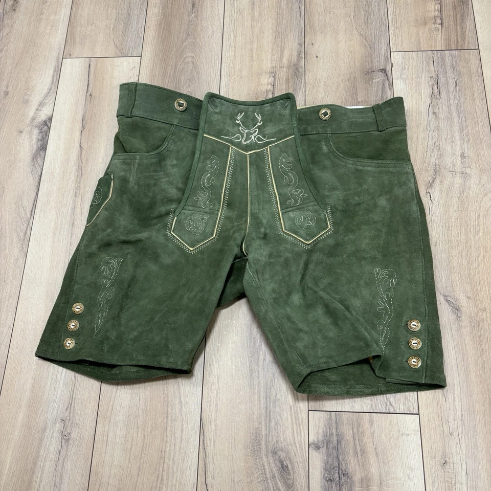Bavaria Trachten Lederhosen Mens US Size 38 Dark Green Soft Lined Suede Leather - Image 1 of 4