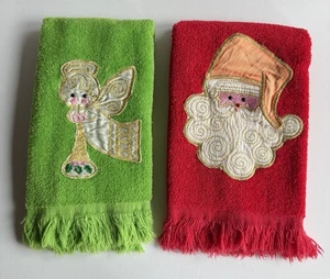2 Vintage CANNON Christmas Hand Towels Red Green 100% Cotton Santa & Angel Set - Picture 1 of 13
