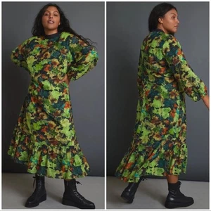 Maxi Vestido SAMANT CHAUHAN para ANTHROPOLOGIE Raquela Floral Verde Talla Grande - Imagen 1 de 7