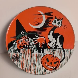 Vintage Tin Halloween Witch Cat Pumpkin Noisemaker U.S. Metal Toy Mfg. Co - Picture 1 of 9